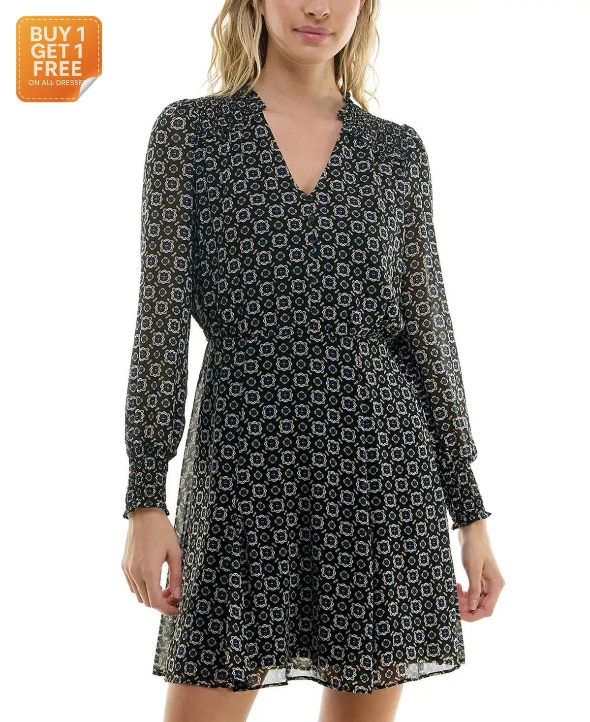 BCX Women's Black Printed Smocked-Shoulder Mini Dress | BCX In Lebanon