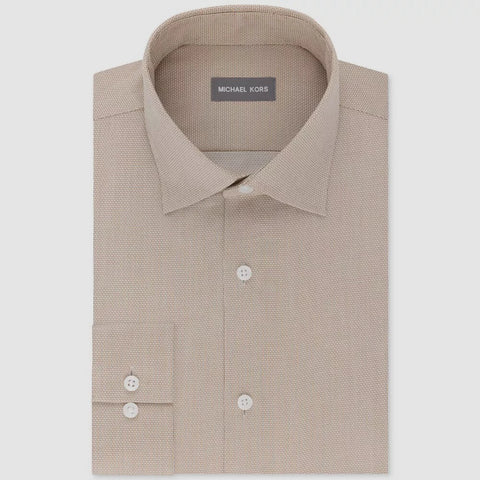 Beige dress shirt with collar and buttons on a light gray background, featuring Michael Kors branding.
