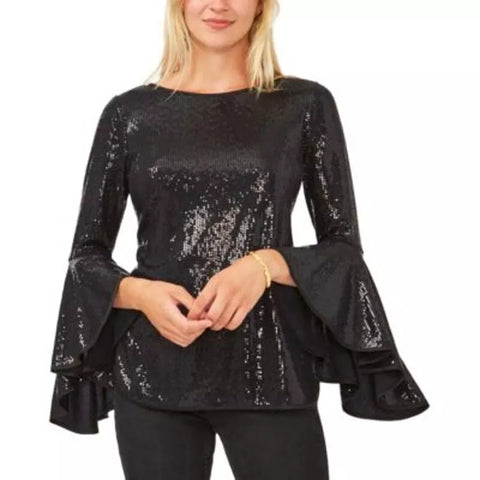 Vince Camuto Women's Black Metallic Sequin Flutter Sleeve Blouse |Vince Camuto In Lebanon