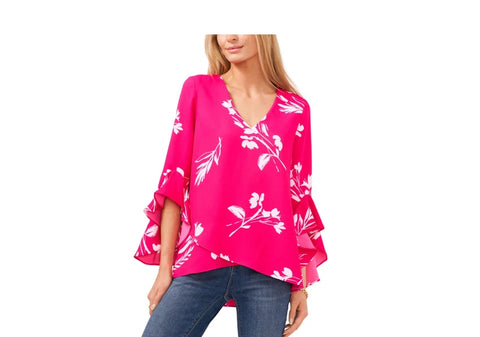 Vince Camuto Women's Pink Floral Printed Flutter-Sleeve Blouse |Vince Camuto In Lebanon