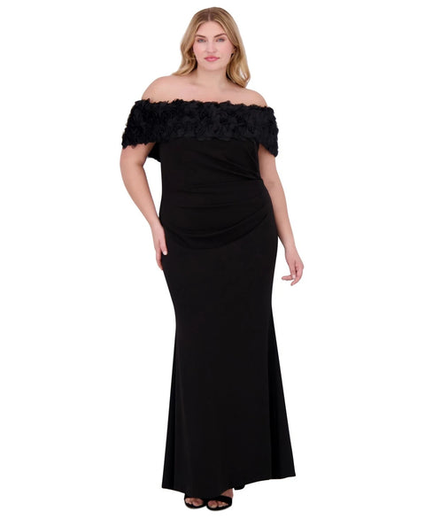 Eliza J Women's Black Plus Size Rosette-Trim Off-The-Shoulder Evening Gown Dress|Eliza J In Lebanon