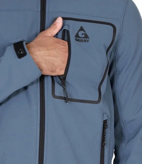 Blue jacket with a hand opening a front pocket, featuring a brand logo.