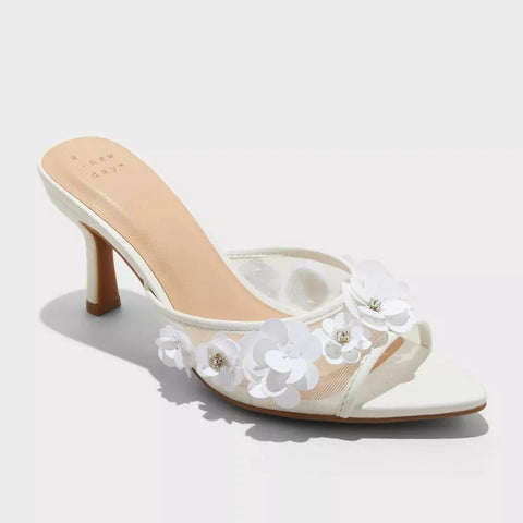 A New Day Women's White Lupita Mesh Rhinestone Peep Toe Mule Heeled Sandals | A New Day In Lebanon