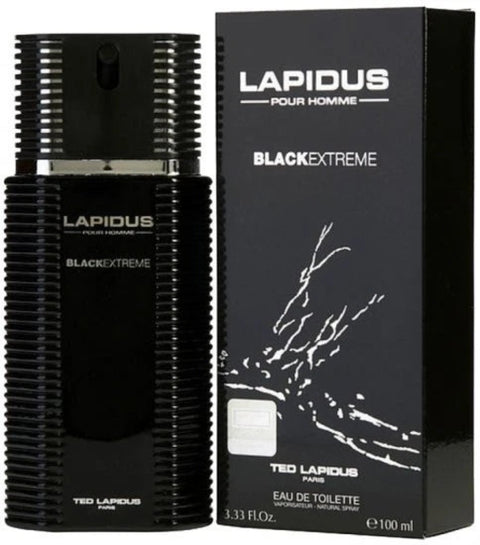 Lapidus Pour Homme Black Extreme perfume bottle and packaging on a white background