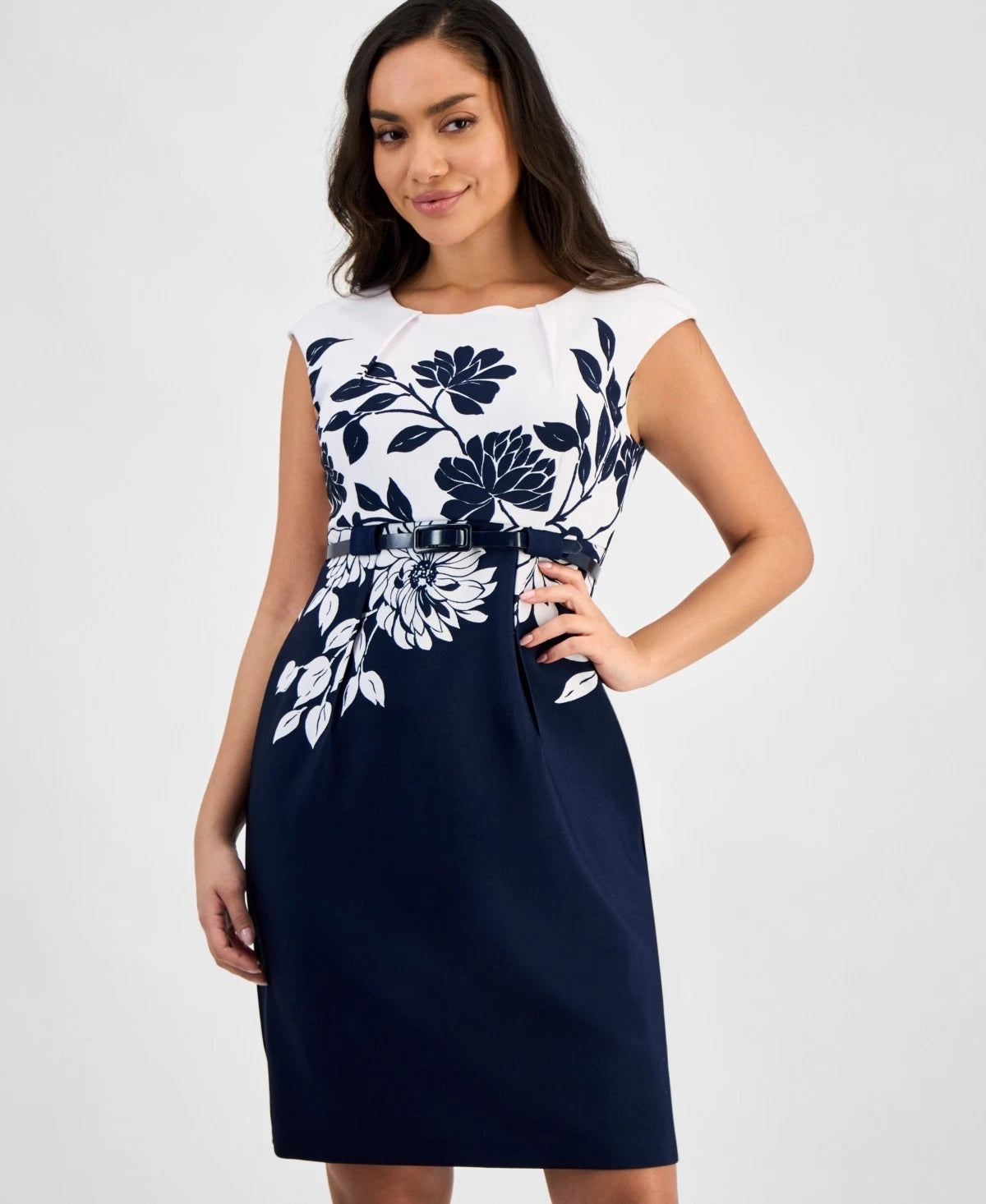 Connected Women's Navy & White Petite Printed Cap-Sleeve Belted Sheath Dress|Connected In Lebanon