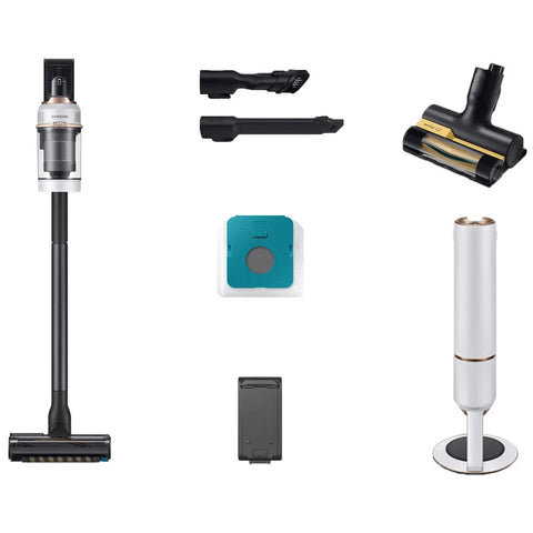 Collection of vacuum cleaner attachments and parts on a white background