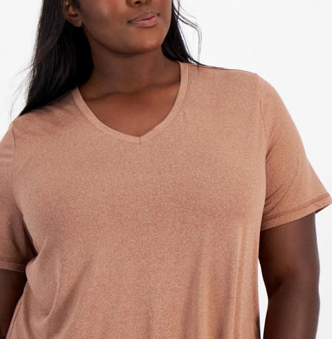 Id Ideology Women's Light Brown Plus Size Curved-Hem V-Neck T-Shirt | Id Ideology In Lebanon