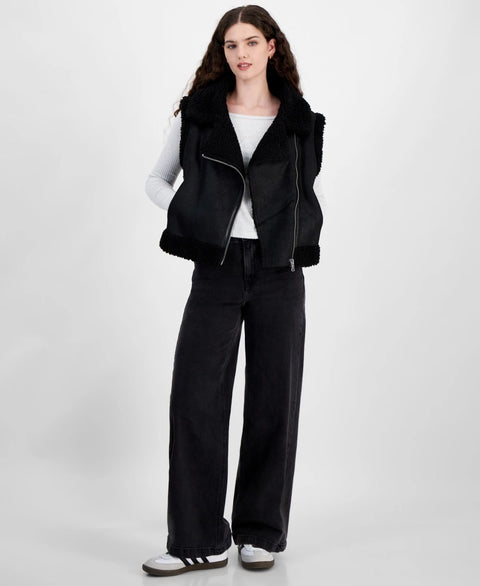 Madden Girl Women's Black Faux-Shearling Moto Vest | Madden Girl In Lebanon