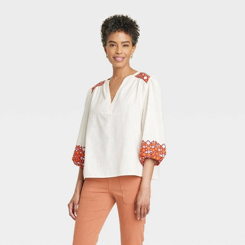 Knox Rose Women's Cream Abstract Balloon 3/4 Sleeve Woven Blouse | Knox Rose In Lebanon