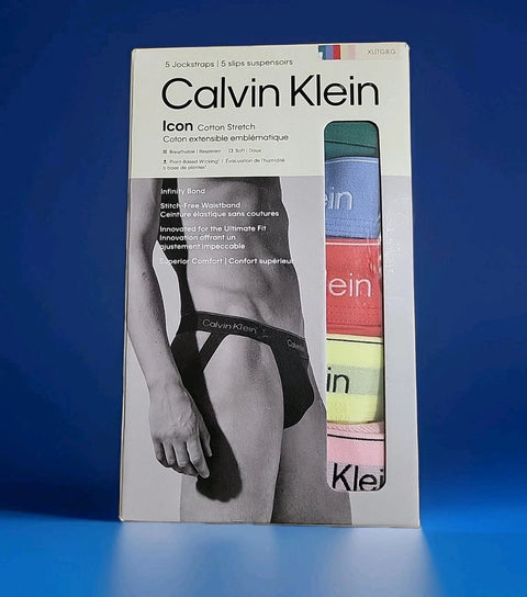 Calvin Klein underwear packaging on a blue background