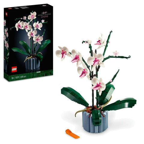 LEGO orchid set with packaging displaying a discount offer on a white background