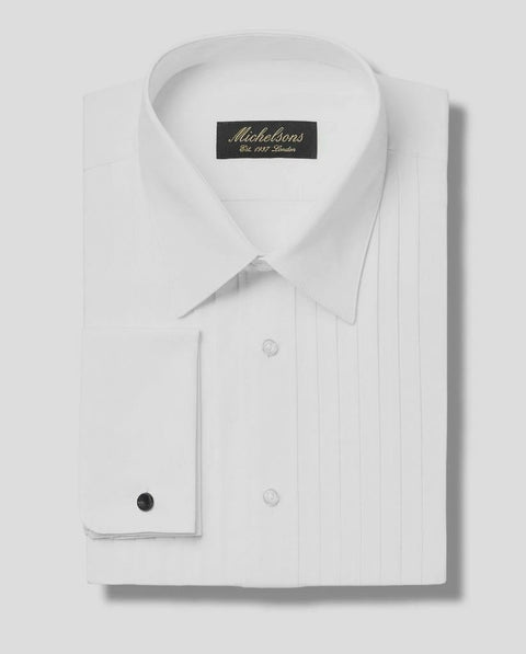 White dress shirt with a collar tag on a light gray background