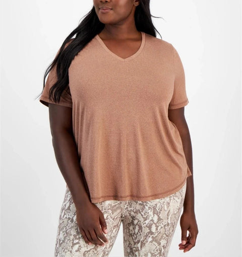 Id Ideology Women's Light Brown Plus Size Curved-Hem V-Neck T-Shirt | Id Ideology In Lebanon