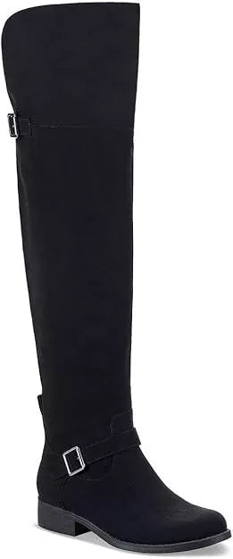 Sun Stone Women's Black Anyaa Wide-Calf Buckled Over-The-Knee Boots |Sun Stone In Lebanon
