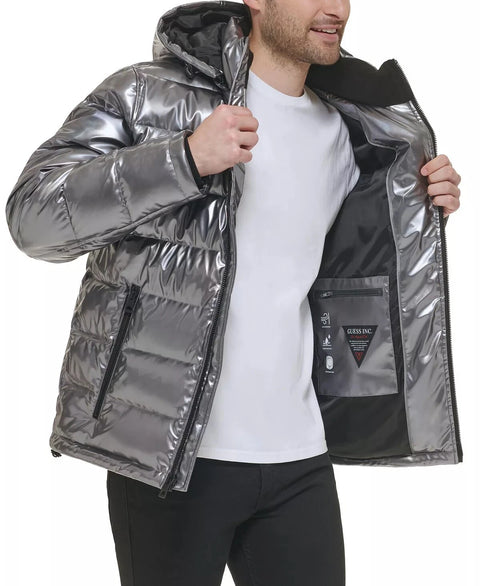 Guess Men's Silver Hooded Holographic Puffer Jacket | Guess In Lebanon