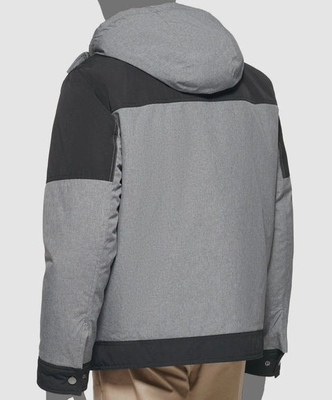 Gray and black jacket with a hood on a white background