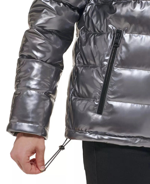Guess Men's Silver Hooded Holographic Puffer Jacket | Guess In Lebanon