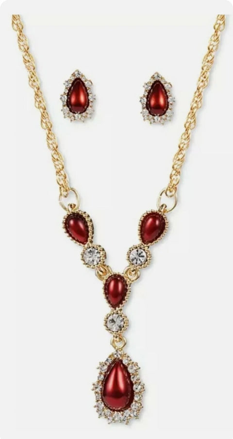Holiday Lane Women's Red Gold-Tone Crystal Imitation Pearl Lariat Necklace & Earrings Set | Holiday Lane In Lebanon