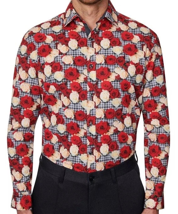 Red and white floral patterned shirt with a checkered background