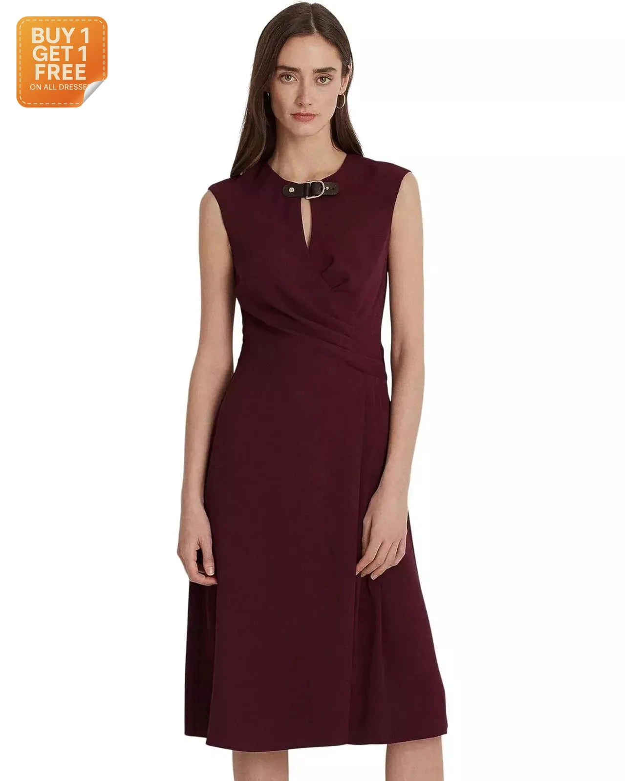 Lauren Ralph Lauren Women's Burgundy Buckle-Trim Georgette Vintage Dress | Lauren Ralph Lauren In Lebanon