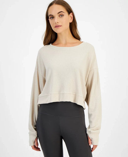 Id Ideology Women's Beige Waffle-Knit Drop Shoulder Blouse | Id Ideology In Lebanon