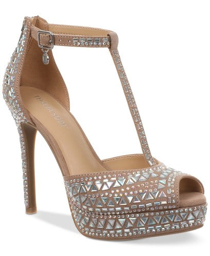 Thalia Sodi Women's Light Beige Chacey Embellished T-Strap Platform Pumps Heeled Sandals | Thalia Sodi in Lebanon