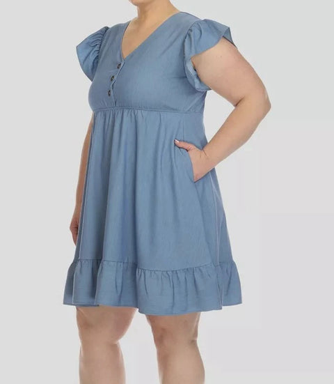 White Mark Women's Blue Ruffle Sleeve Knee Length Plus Size  Dress | White Mark In Lebanon