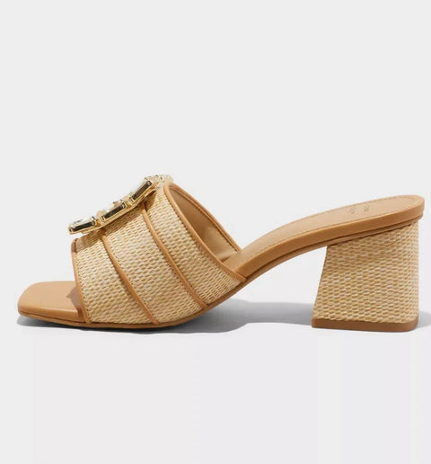 A New Day Women's Beige Kathleen Raffia Buckle Block Heels Sandals | A New Day In Lebanon