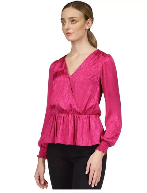 Michael Kors Women's Deep Fuchsia Jacquard Print Faux-Wrap Peplum Blouse | Michael Kors In Lebanon