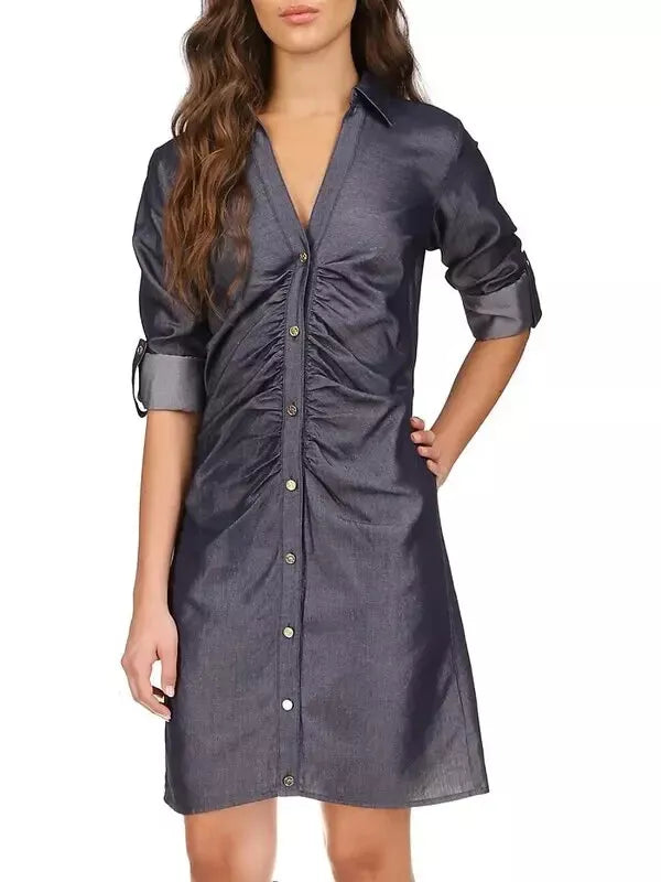 Michael Kors Women's Navy Indigo Rinse Ruched Mini Shirt Dress | Michael Kors In Lebanon
