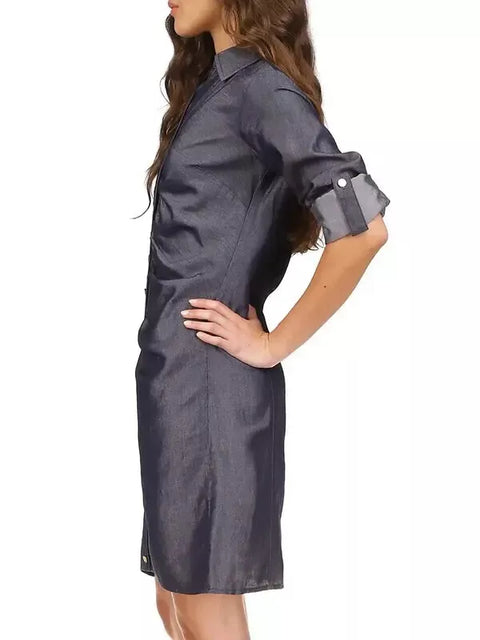 Michael Kors Women's Navy Indigo Rinse Ruched Mini Shirt Dress | Michael Kors In Lebanon
