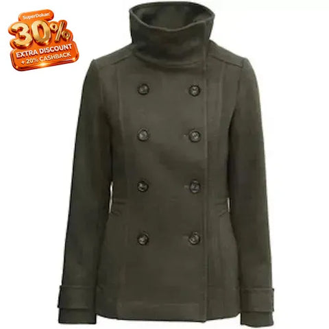 Green coat with discount information on a white background