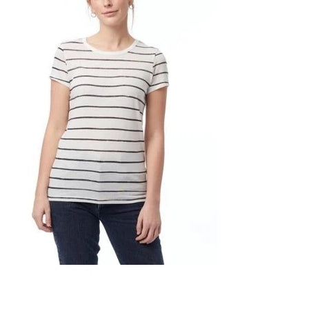Woman wearing a striped t-shirt and jeans on a white background