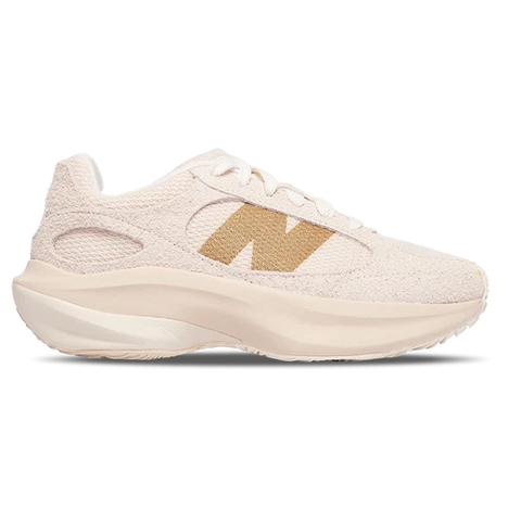 Beige running shoe with a brand logo on a white background