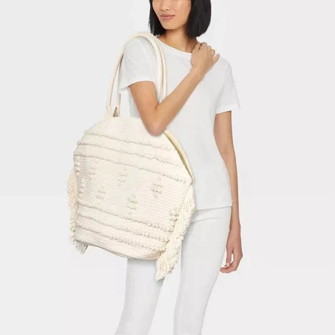 Shade & Shore Women's Off White Straw Fringe Tote Handbag | Shade & Shore In Lebanon
