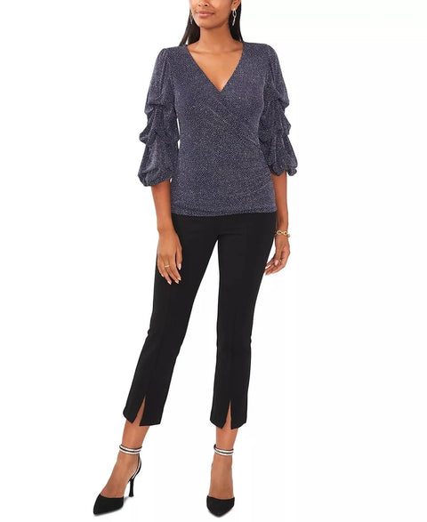 Msk Women’s Navy Glitter-Knit Tiered-Sleeve Surplice Blouses | Msk In Lebanon