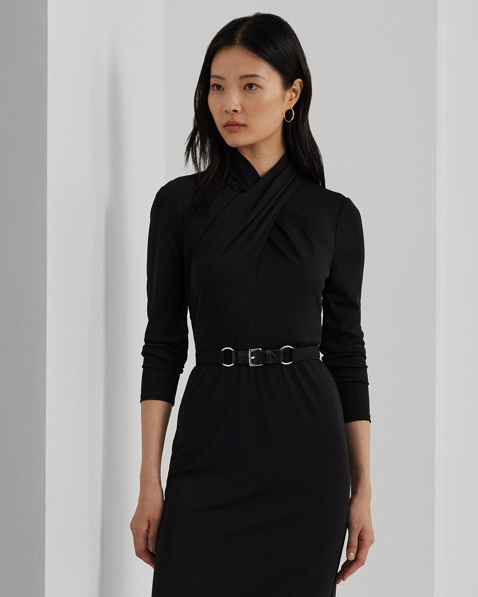 Lauren Ralph Lauren Women's Black Belted Mockneck Jersey Dress | Lauren Ralph Lauren In Lebanon