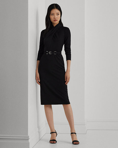 Lauren Ralph Lauren Women's Black Belted Mockneck Jersey Dress | Lauren Ralph Lauren In Lebanon