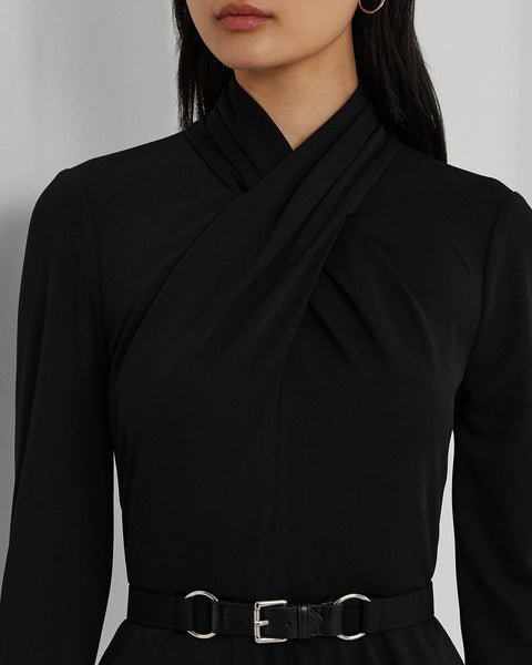 Lauren Ralph Lauren Women's Black Belted Mockneck Jersey Dress | Lauren Ralph Lauren In Lebanon