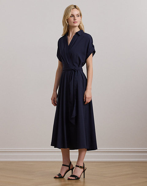 Lauren Ralph Lauren Women's Navy Belted Crepe Dress | Lauren Ralph Lauren In Lebanon