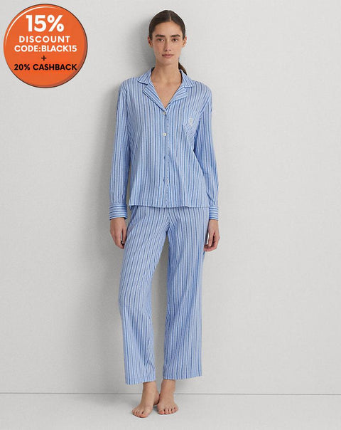 Lauren Ralph Lauren Women's Blue Striped Notch Collar Pajama Set |Lauren Ralph Lauren In Lebanon