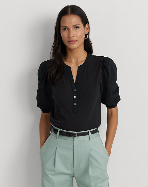 Lauren Ralph Lauren Women's Black Plus Size Lace-Trim Jersey Puff-Sleeved Henley Blouse|Lauren Ralph Lauren In Lebanon