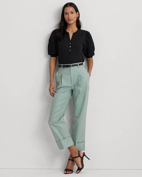 Lauren Ralph Lauren Women's Black Plus Size Lace-Trim Jersey Puff-Sleeved Henley Blouse|Lauren Ralph Lauren In Lebanon