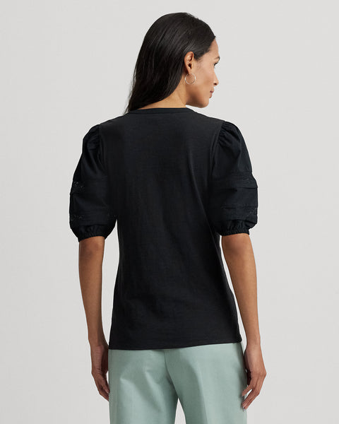 Lauren Ralph Lauren Women's Black Plus Size Lace-Trim Jersey Puff-Sleeved Henley Blouse|Lauren Ralph Lauren In Lebanon