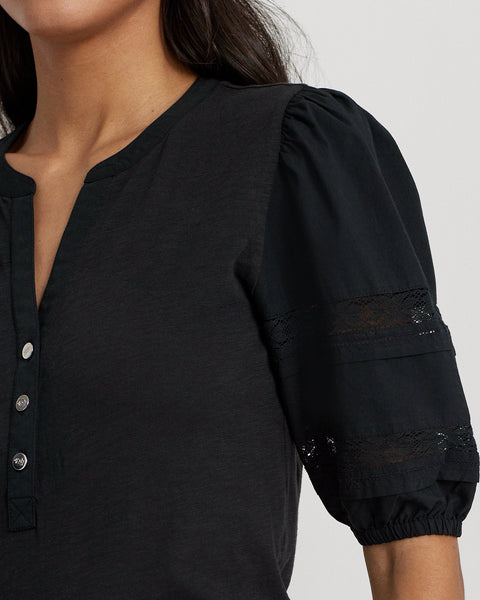 Lauren Ralph Lauren Women's Black Plus Size Lace-Trim Jersey Puff-Sleeved Henley Blouse|Lauren Ralph Lauren In Lebanon