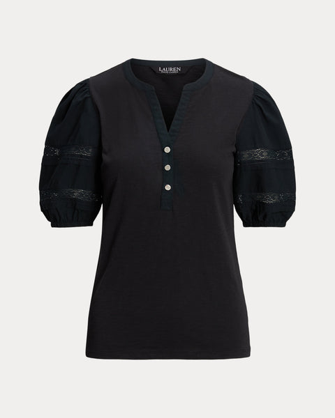 Lauren Ralph Lauren Women's Black Plus Size Lace-Trim Jersey Puff-Sleeved Henley Blouse|Lauren Ralph Lauren In Lebanon
