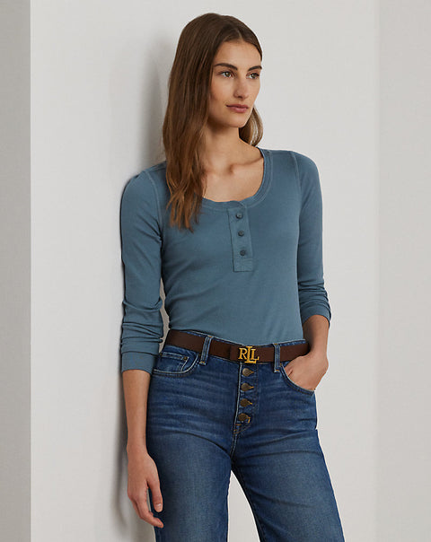 Lauren Ralph Lauren  Women's Dusk Blue Stretch Cotton Long-Sleeve Blouse   | Lauren Ralph Lauren in Lebanon
