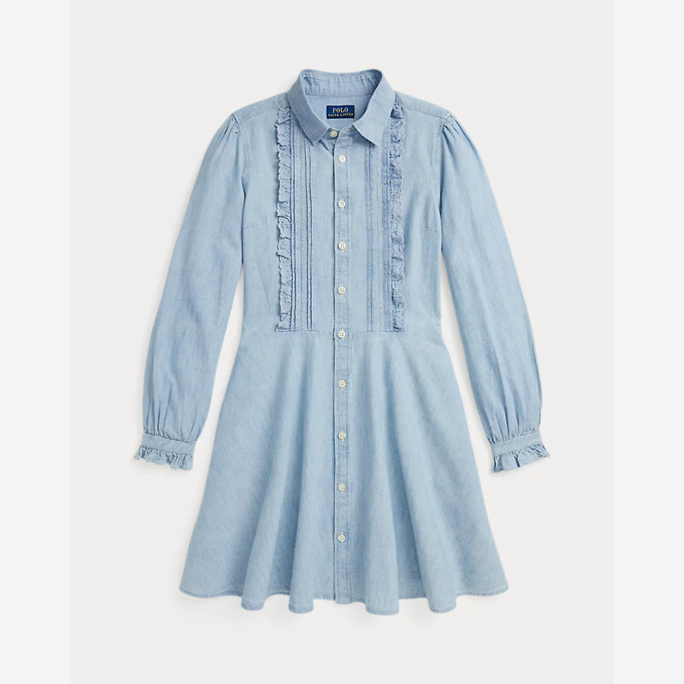 Ralph Lauren Girl's Light Blue Cotton Chambray Ruffled Dress