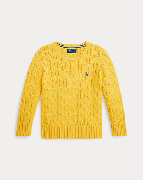 Yellow cable knit sweater with a brand logo on a light gray background