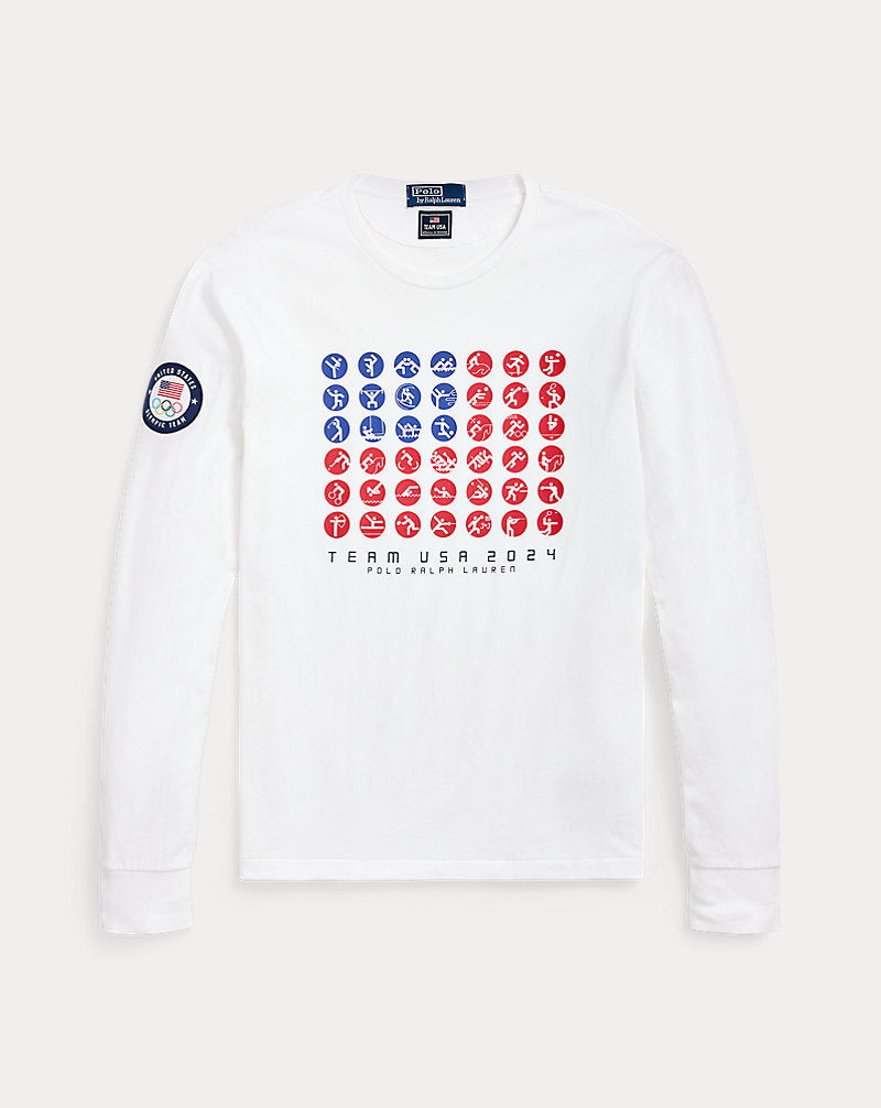 White sweatshirt with red, white, and blue design on a white background